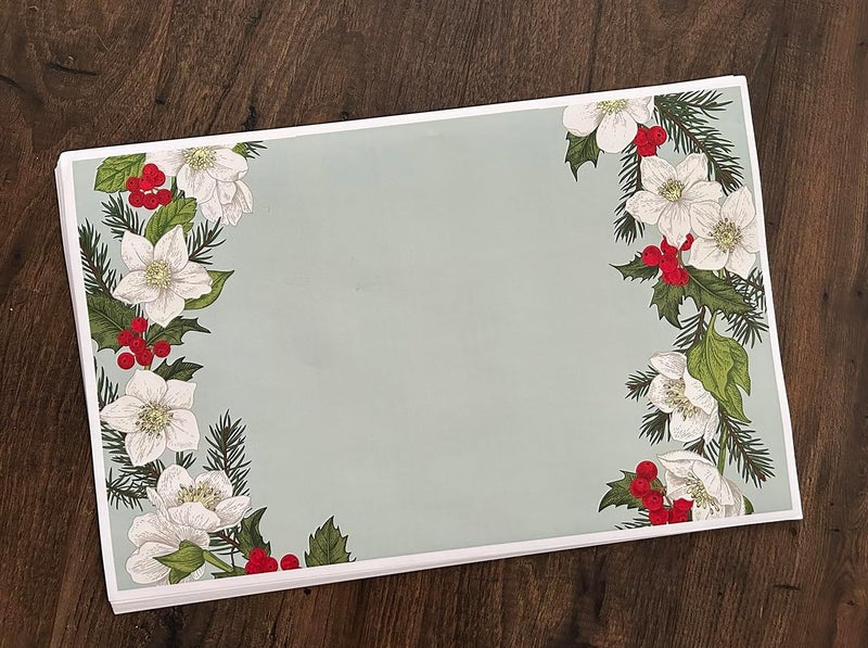Meadowsweet Kitchens Paper Placemat Sets Green Holiday 25 Disposable Printed 11 x 17 Paper Place Mats in Holiday MagnoliaEvergreenBerry Design for Everyday Bridal Wedding Holiday Home Decor - Image 4