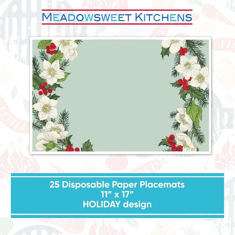 Meadowsweet Kitchens Paper Placemat Sets Green Holiday 25 Disposable Printed 11 x 17 Paper Place Mats in Holiday MagnoliaEvergreenBerry Design for Everyday Bridal Wedding Holiday Home Decor - Image 2