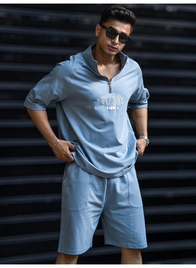 مانياك Maniac Mens Detroit Printed High Neck Half Sleeve Light Grey Cotton Tracksuit