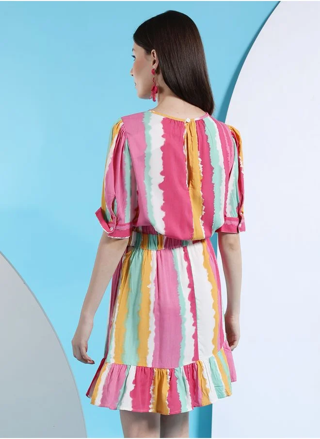 مرفوعة Women Fit and Flared Casual Striped Elasticated Waist Midi Dress