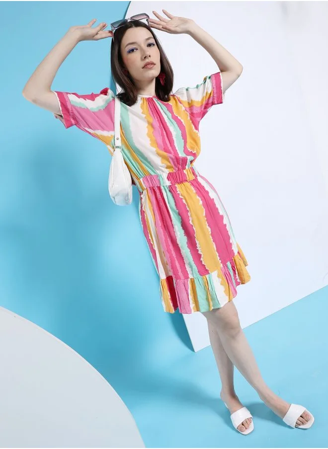 مرفوعة Women Fit and Flared Casual Striped Elasticated Waist Midi Dress