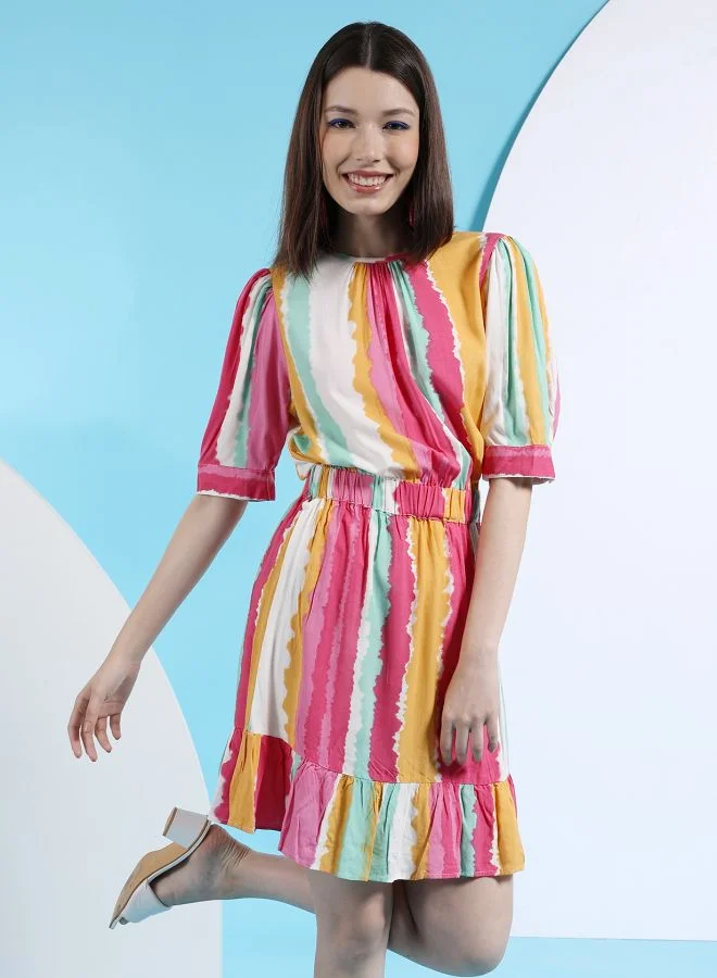 Freehand Women Fit and Flared Casual Striped Elasticated Waist Midi Dress