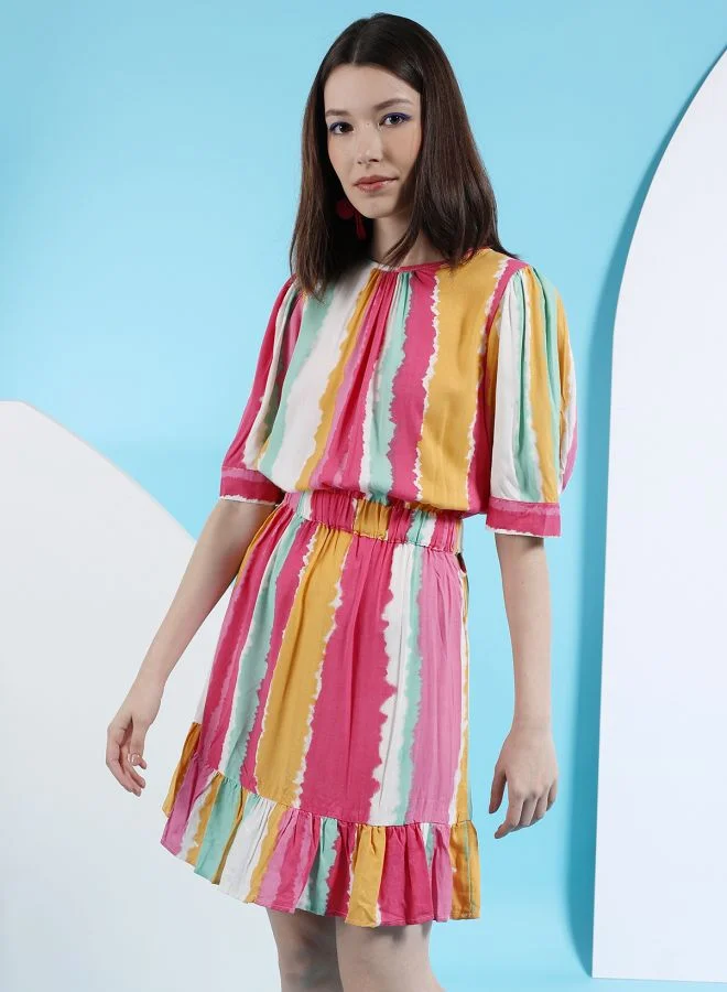 Freehand Women Fit and Flared Casual Striped Elasticated Waist Midi Dress
