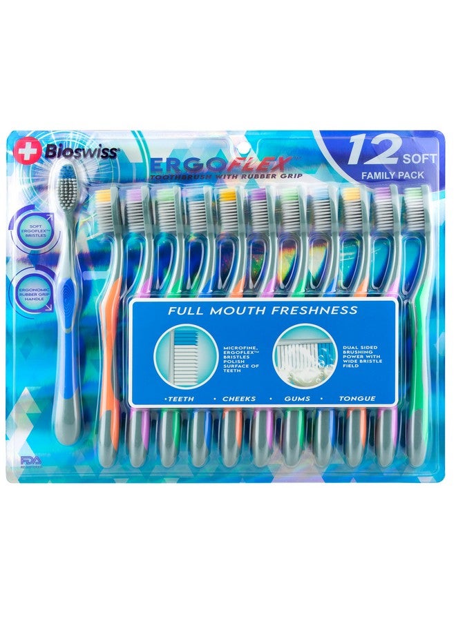 BioSwiss Toothbrush, Ergoflex Pack Of 12 Toothbrushes With Rubber Grips, Oral Care And Plaque Removal, Travel Friendly - Image 1
