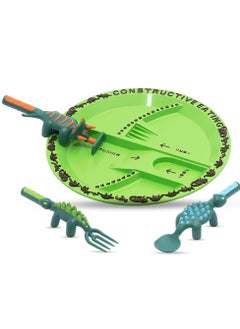 Eazy Kids طبق طعام مع ملعقة وشوكة ودافع - أرجواني، ديناصور، 3 قطع  - Image 1