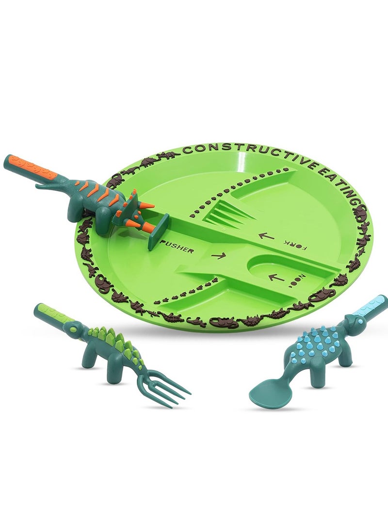 Eazy Kids Eating Plate With Spoon, Fork And Pusher - Purple, Dinosaur, 3 Pieces  - Image 1