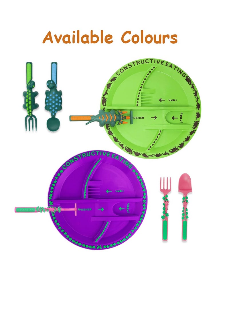 Eazy Kids Eating Plate With Spoon, Fork And Pusher - Purple, Dinosaur, 3 Pieces  - Image 5