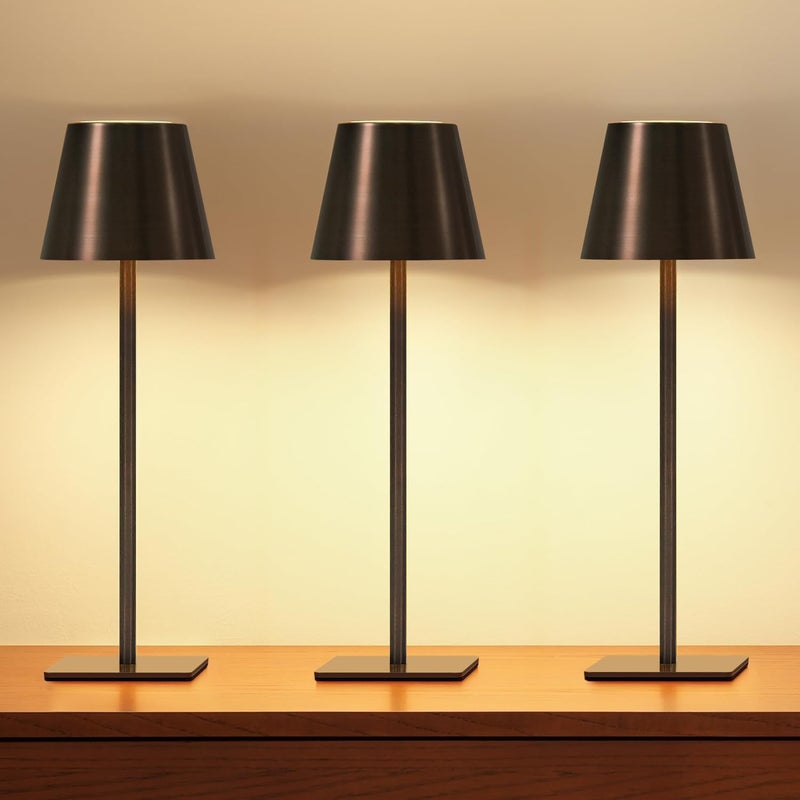 UME 3 Pack Cordless Table Lamp Battery Operated Lamp Portable Waterproof Rechargeable Table Lamp w 3 Color Temps Stepless Dimming for Dinner Desk Cafe Outdoor Brushed Bronze Coffee Tonal - Image 2