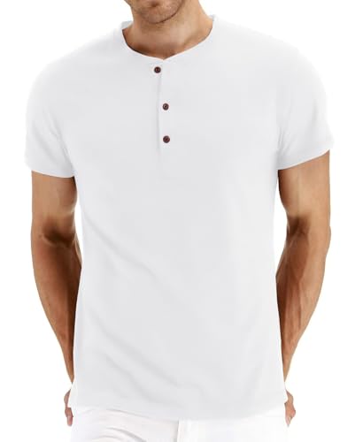 PEGENO Men's Casual Slim Fit Short Sleeve Henley T-Shirts Cotton Shirts (White-US XL) - Image 1