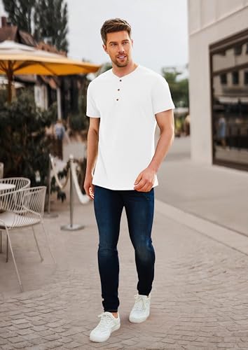 PEGENO Men's Casual Slim Fit Short Sleeve Henley T-Shirts Cotton Shirts (White-US XL) - Image 5