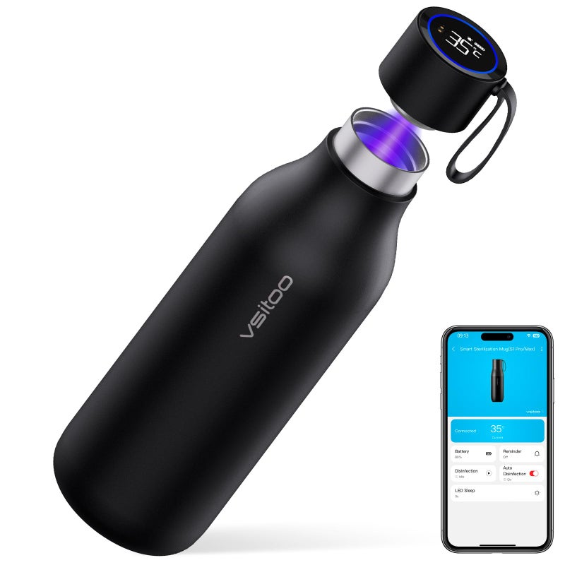 VSITOO 33oz Smart SelfCleaning Water BottleLarge Insulated Stainless Steel Bottle with AI SelfClean 30Day Battery Magnetic Charging for Outdoor Travel Gym or Office Black - Image 2
