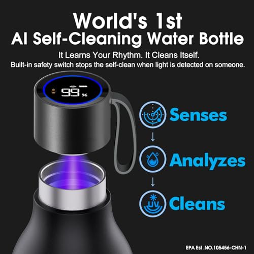 VSITOO 33oz Smart SelfCleaning Water BottleLarge Insulated Stainless Steel Bottle with AI SelfClean 30Day Battery Magnetic Charging for Outdoor Travel Gym or Office Black - Image 3