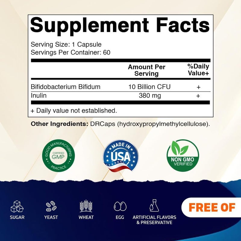 Vitamatic Bifidobacterium Bifidum  10 Billion per DR Capsule  60 Count  Digestive Support  Made with Prebiotic Inulin Fiber - Image 2
