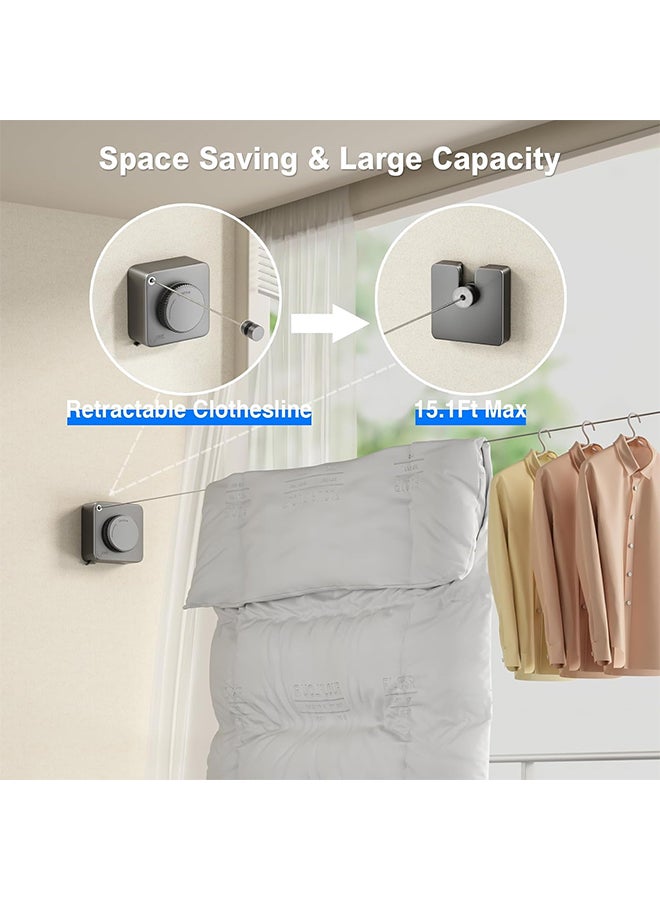 MIXDE Retractable Clothesline, Indoor/Outdoor Clothesline, Anti-Sag Retractable Laundry Line, Stainless Steel Wall Mounted, No Hole Punching, for Home/Hotel (Grey, 4.8m) - Image 2