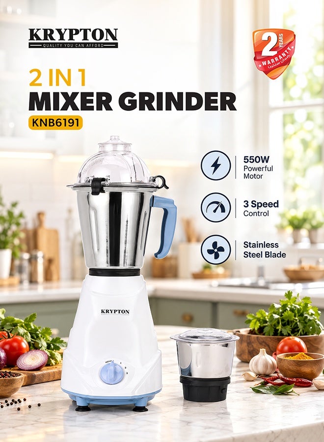KRYPTON 2-IN-1 Mixer Grinder- 550W Powerful Copper Motor with Stainless Steel Jars and Blade| Perfect for Making Smoothies, Milkshakes, Grinding Nuts, Spices, Etc| 2 Jars with 3 Speed Control| 2 Years Warranty 550 W KNB6191N Multicolour - Image 1