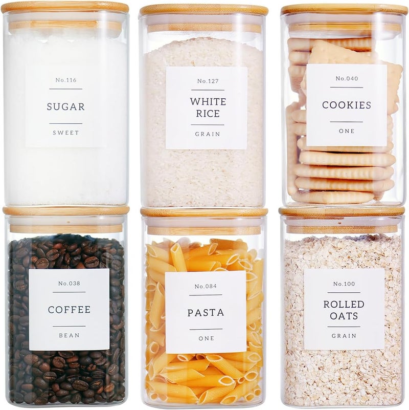CZZGSM 6 Pack Square Kitchen Storage Jars with Airtight Bamboo Lids and 132 Pantry Labels - 35oz Glass Canisters With Wood Lids - Food Storage Containers for Coffee, Cookie, Tea, Spice - Image 1
