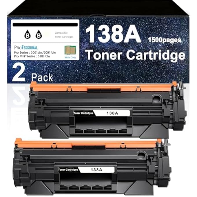 138A TONER CARTRIDGE WITH CHIP BLACK 2-PACK HIGH YIELD REPLACEMENT FOR HP 138A W1380A 138X W1380X TONER COMPATIBLE WITH HP LASER JET PRO 3001DW 3001FDW MFP 3101FDW 3001DWE 3101FDWE PRINTER INK - Image 1