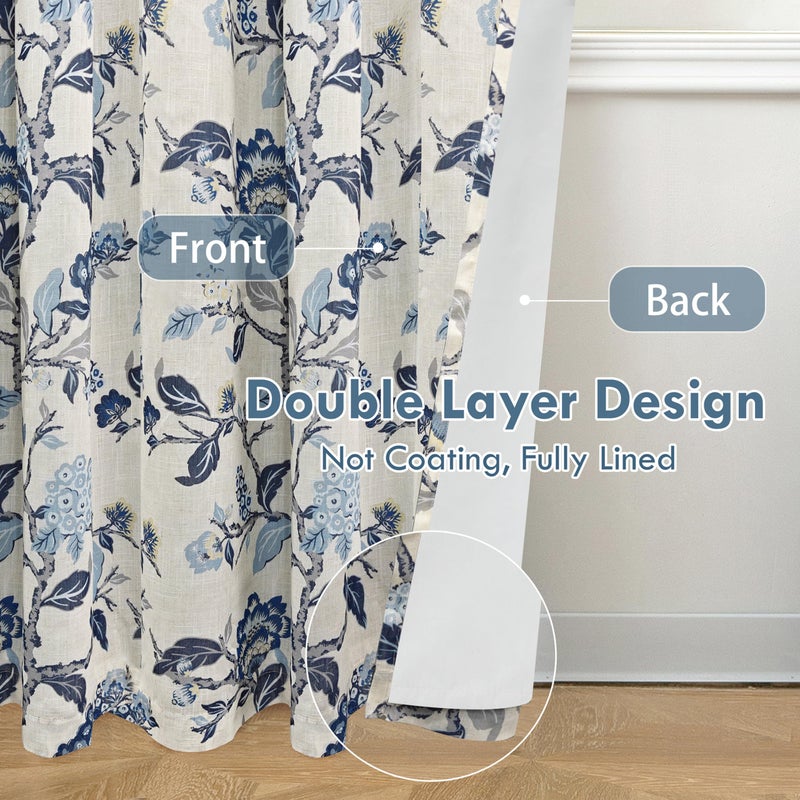 DriftAway Ada Floral Botanical Print Flower Leaf Lined Thermal Insulated Room Darkening Linen Blend 100% Blackout Back Tab Window Curtains 2 Layers Set of 2 Panels Each 52 Inch by 63 Inch Navy - Image 2
