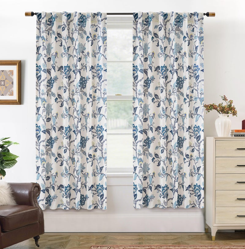 DriftAway Ada Floral Botanical Print Flower Leaf Lined Thermal Insulated Room Darkening Linen Blend 100% Blackout Back Tab Window Curtains 2 Layers Set of 2 Panels Each 52 Inch by 63 Inch Navy - Image 1