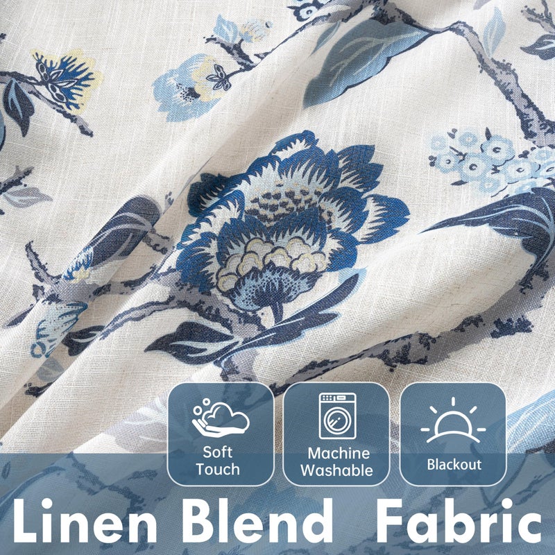 DriftAway Ada Floral Botanical Print Flower Leaf Lined Thermal Insulated Room Darkening Linen Blend 100% Blackout Back Tab Window Curtains 2 Layers Set of 2 Panels Each 52 Inch by 63 Inch Navy - Image 3