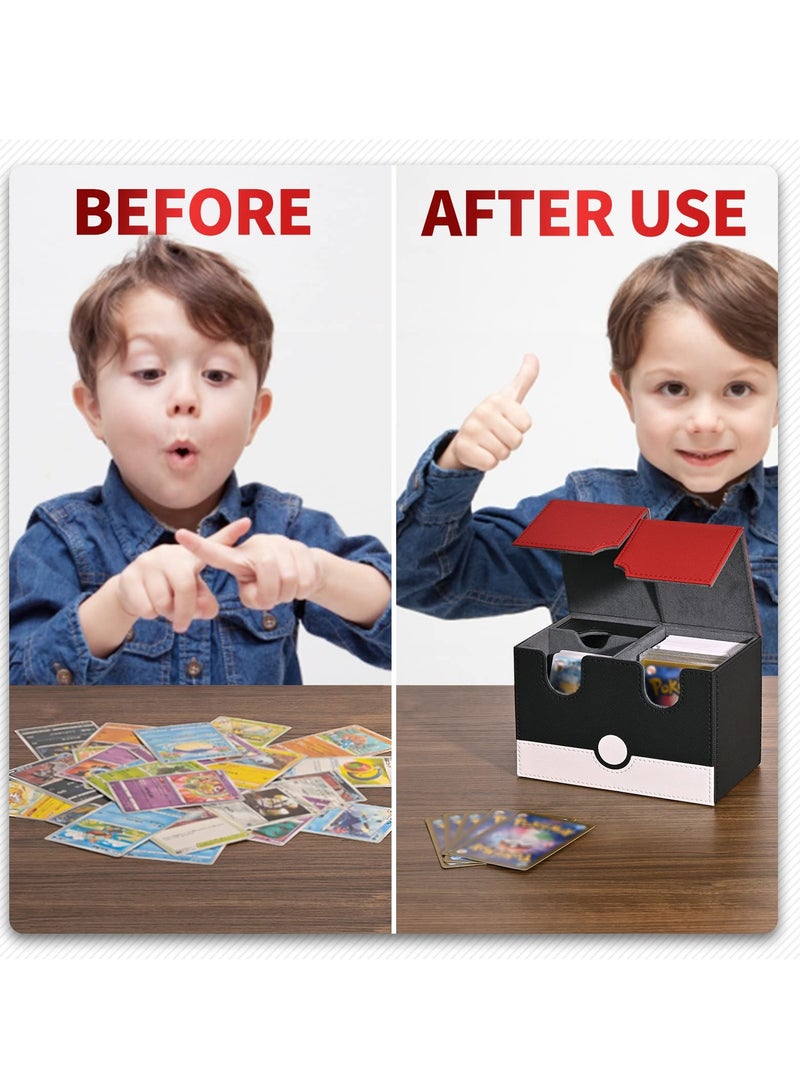 Card Deck Box for PTCG Cards, 150+ Double Sleeved Cards Storage Box with Dice Tray, PU Leather Strong Magnet Collectible Card Case Fits for MTG TCG CCG (P-Red&White) - Image 5