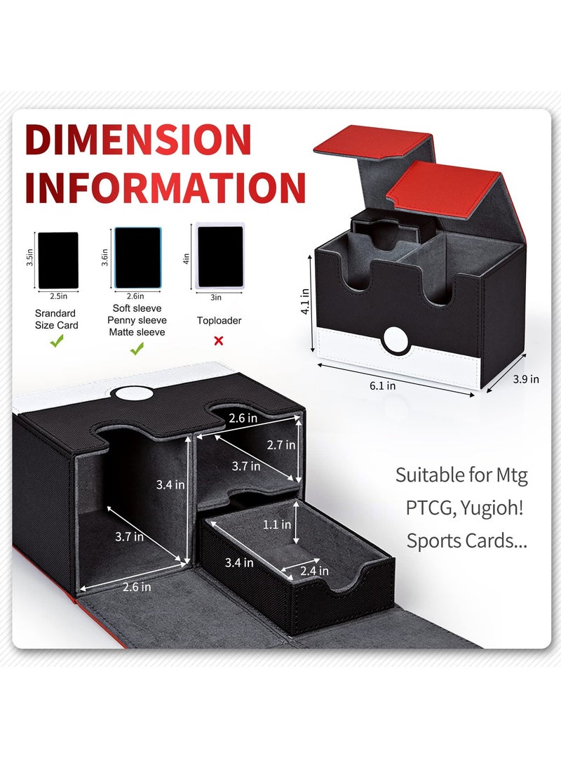 Card Deck Box for PTCG Cards, 150+ Double Sleeved Cards Storage Box with Dice Tray, PU Leather Strong Magnet Collectible Card Case Fits for MTG TCG CCG (P-Red&White) - Image 2