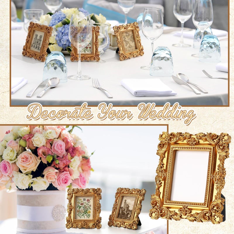 AceOrbit 5 Pcs Gold Mini Picture Frames Pack 2 x 3 Inch Small Victorian Vintage Antique Ornate Retro Baroque Photo Frames with Backboard for Wall Hanging Tabletop Display Wedding Decor (Square) - Image 4