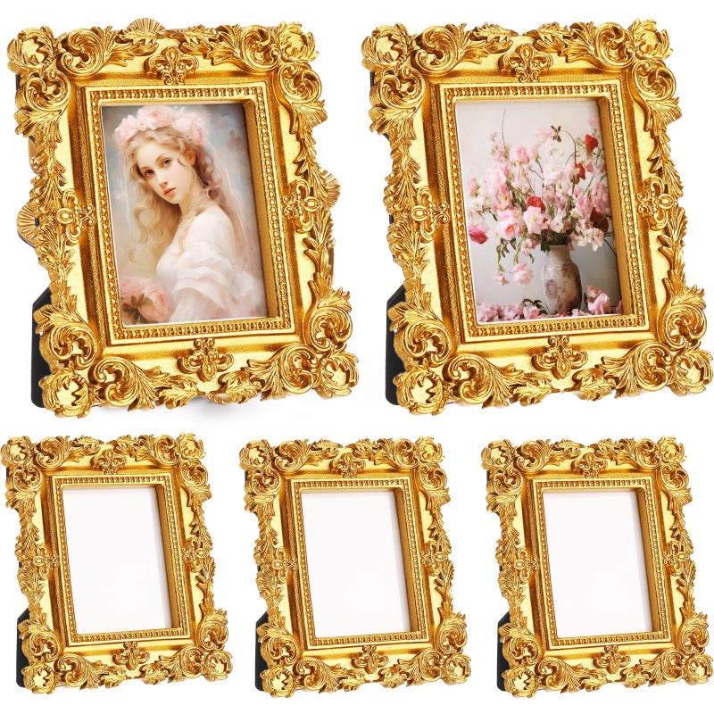 AceOrbit 5 Pcs Gold Mini Picture Frames Pack 2 x 3 Inch Small Victorian Vintage Antique Ornate Retro Baroque Photo Frames with Backboard for Wall Hanging Tabletop Display Wedding Decor (Square) - Image 1