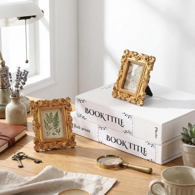 AceOrbit 5 Pcs Gold Mini Picture Frames Pack 2 x 3 Inch Small Victorian Vintage Antique Ornate Retro Baroque Photo Frames with Backboard for Wall Hanging Tabletop Display Wedding Decor (Square) - Image 2