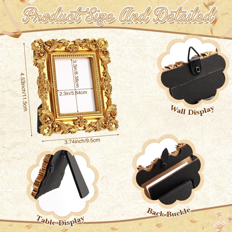 AceOrbit 5 Pcs Gold Mini Picture Frames Pack 2 x 3 Inch Small Victorian Vintage Antique Ornate Retro Baroque Photo Frames with Backboard for Wall Hanging Tabletop Display Wedding Decor (Square) - Image 3