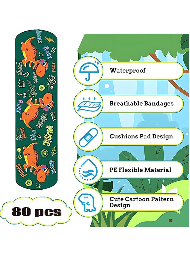 ٨٠ قطعة من الضمادات اللاصقة المرحة (٨ أشكال، ١٠ من كل شكل) - ضمادات ديناصورات للأطفال - شرائط إسعافات أولية آمنة للأطفال ومقاومة للماء للجروح والخدوش الطفيفة - Image 3