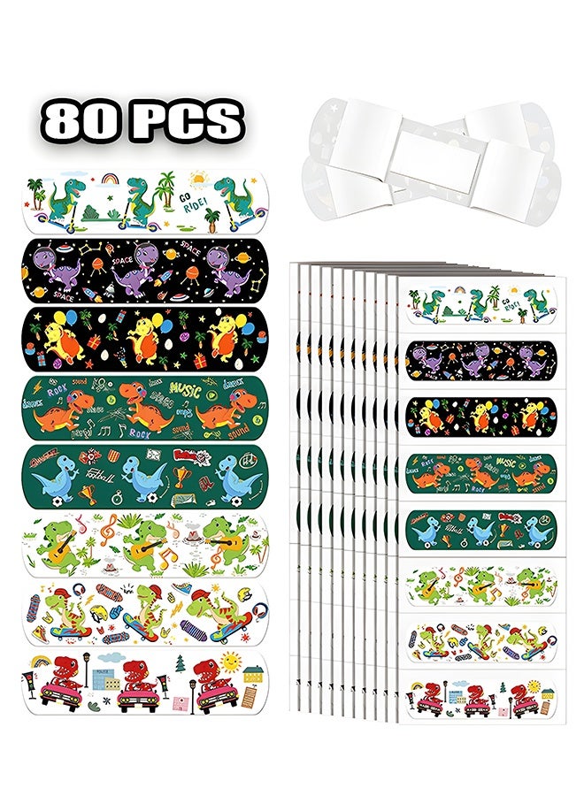 ٨٠ قطعة من الضمادات اللاصقة المرحة (٨ أشكال، ١٠ من كل شكل) - ضمادات ديناصورات للأطفال - شرائط إسعافات أولية آمنة للأطفال ومقاومة للماء للجروح والخدوش الطفيفة - Image 1