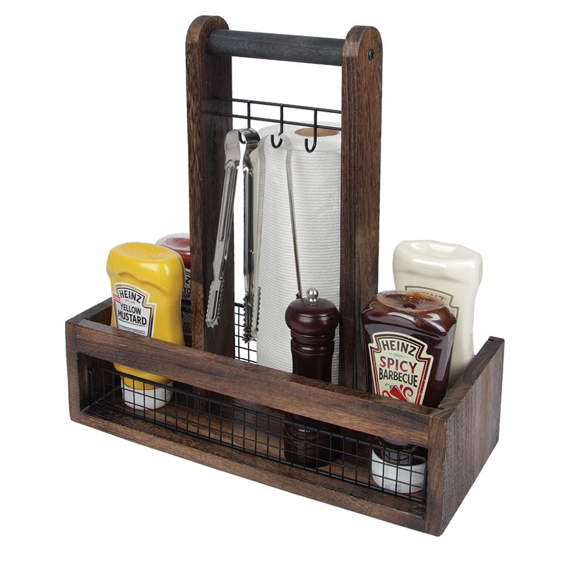 J JACKCUBE DESIGN Rustic Wood Tabletop Organizer for Outdoor Dining Grill BBQ Condiment Spices Spatula Tong Utensil Holder and Paper Towel Serving Caddy MK718A Rustic Wood