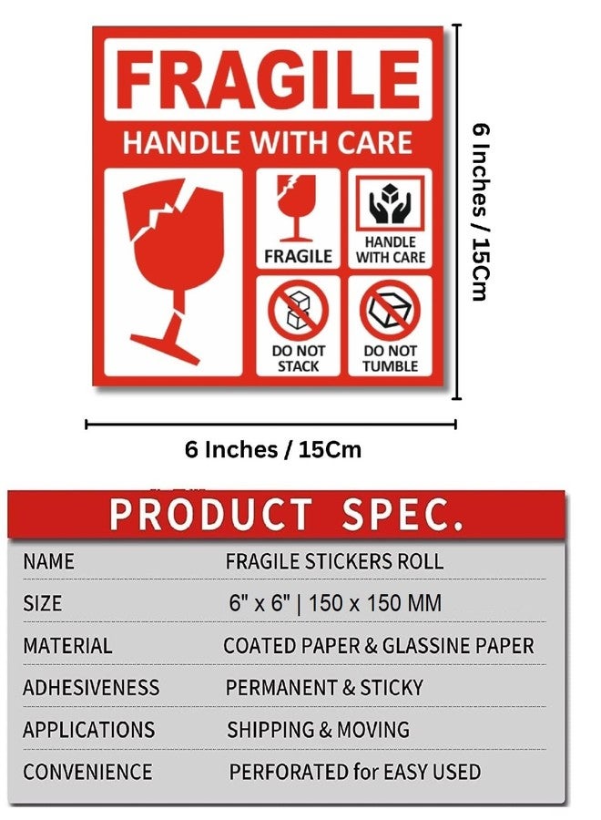 True-Ally ملصقات True-Ally الكبيرة القابلة للكسر - 150 × 150 مم (6 × 6 بوصة) ملصقات حمراء لاصقة قوية تحذيرية للتعامل بحذر لشحن وتعبئة البضائع ونقلها (لفة من قطعتين - 200 ملصق) - Image 3