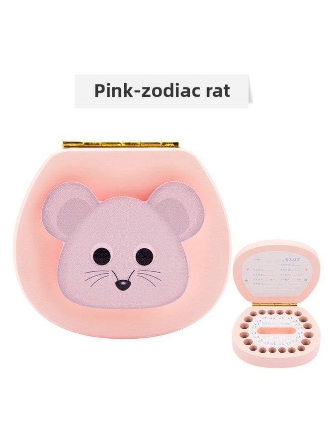 Baby Teeth Storage Box Children's Baby Teeth Commemorative Box Girl Baby Teeth Collection Fetal Hair Preservation Wooden Box Boy-Color:Pink-Zodiac Mouse  - Image 1