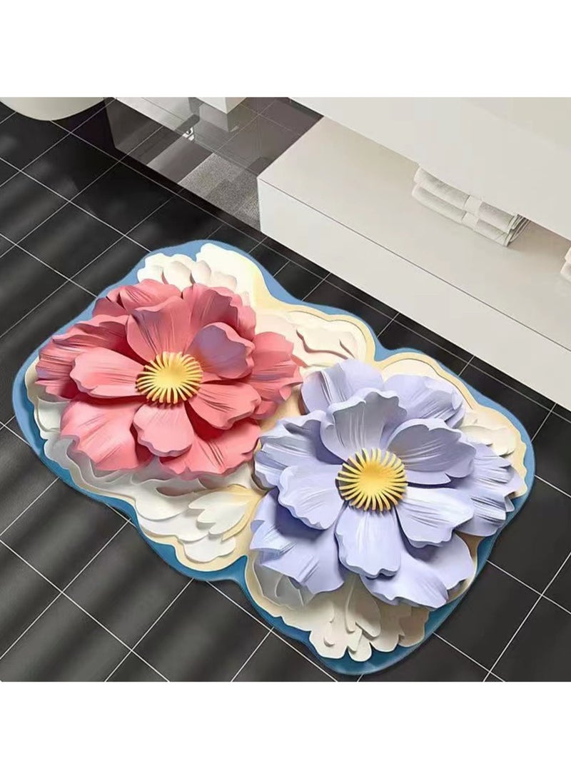 40x60cm3D Visual Flower Floor Mat Technology Velvet Bathroom Water-Absorbing Quick-Drying Mat Household Bathroom Special-Shaped Decorative Foot Mat ( Flower-1) - Image 2