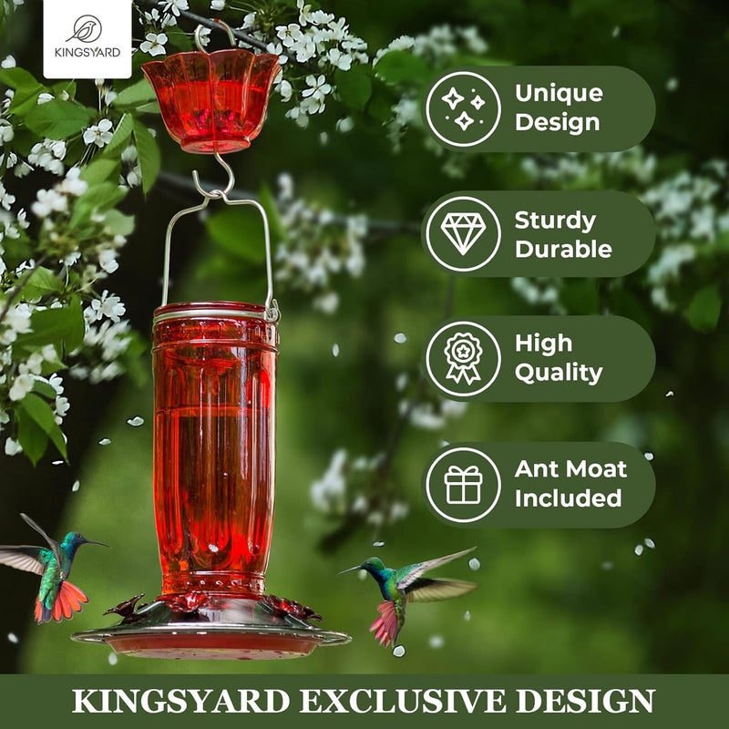 Kingsyard مغذي الطيور الطنانة الزجاجي من للاستخدام الخارجي، مغذي الطيور البرية مع 6 منافذ تغذية معلق للحديقة والفناء - Image 2