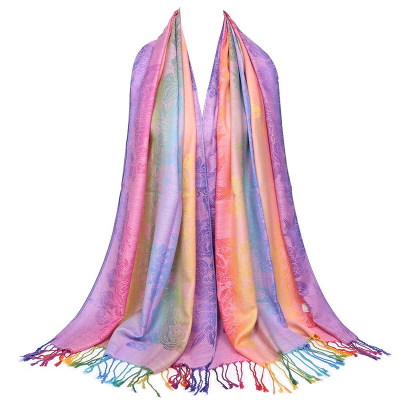 Neelamvar Fashion Colorful flowers Jacquard cotton pashmina Women Wrap Shawl tassels Scarves 75" x 27.5" (THM08-04) - Image 1