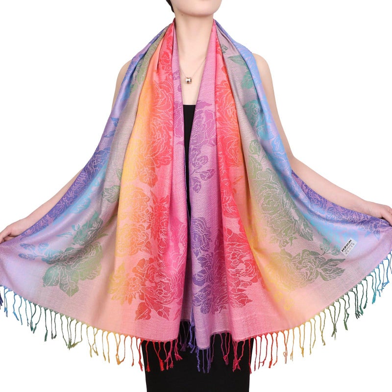 Neelamvar Fashion Colorful flowers Jacquard cotton pashmina Women Wrap Shawl tassels Scarves 75" x 27.5" (THM08-04) - Image 3