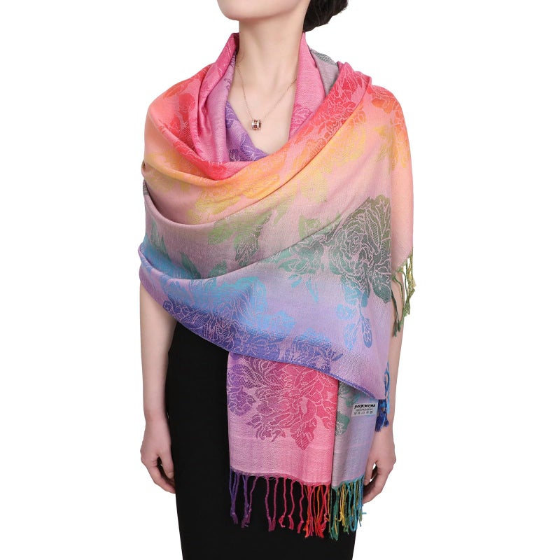 Neelamvar Fashion Colorful flowers Jacquard cotton pashmina Women Wrap Shawl tassels Scarves 75" x 27.5" (THM08-04) - Image 4