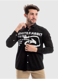 Turn Down Collar Long Sleeves Printed Shirt - Black