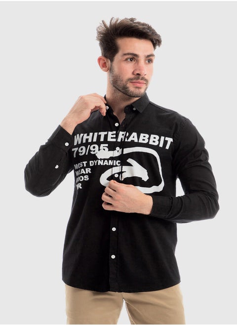 Turn Down Collar Long Sleeves Printed Shirt - Black