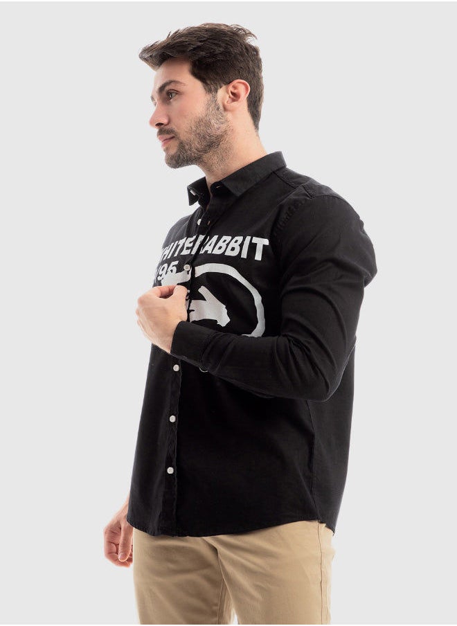 WHITE RABBIT - Turn Down Collar Long Sleeves Printed Shirt - Black - Image 1