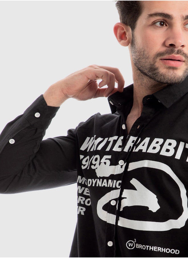 WHITE RABBIT - Turn Down Collar Long Sleeves Printed Shirt - Black - Image 1