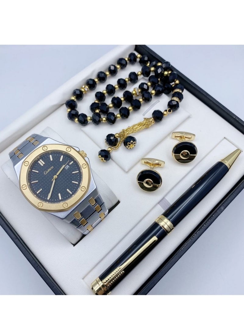 Catera A high-quality, elegant men's watch gift set from Catery, a silver bracelet with a gold bracelet and a black dial with the date display 
