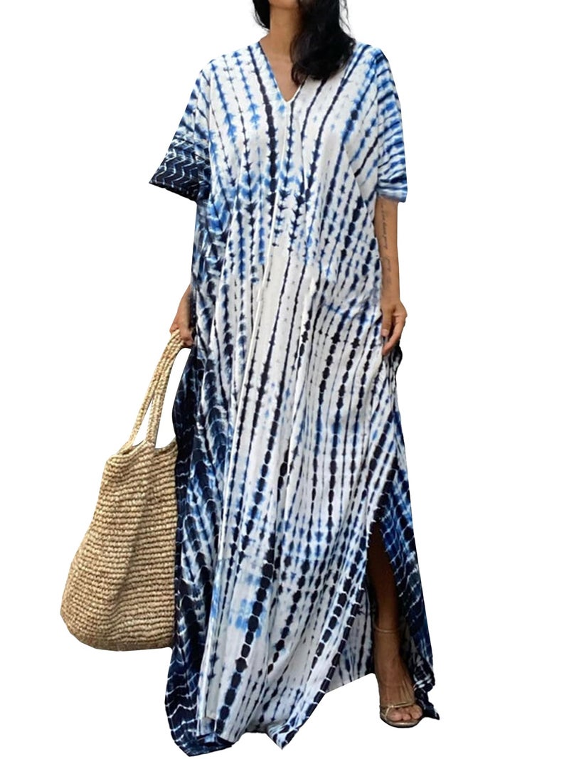 Moss Rose Women Summer Caftan Coverups Dress Kimono Beach Vacation Wear V Neck Print Maxi Boho Dress - Image 1