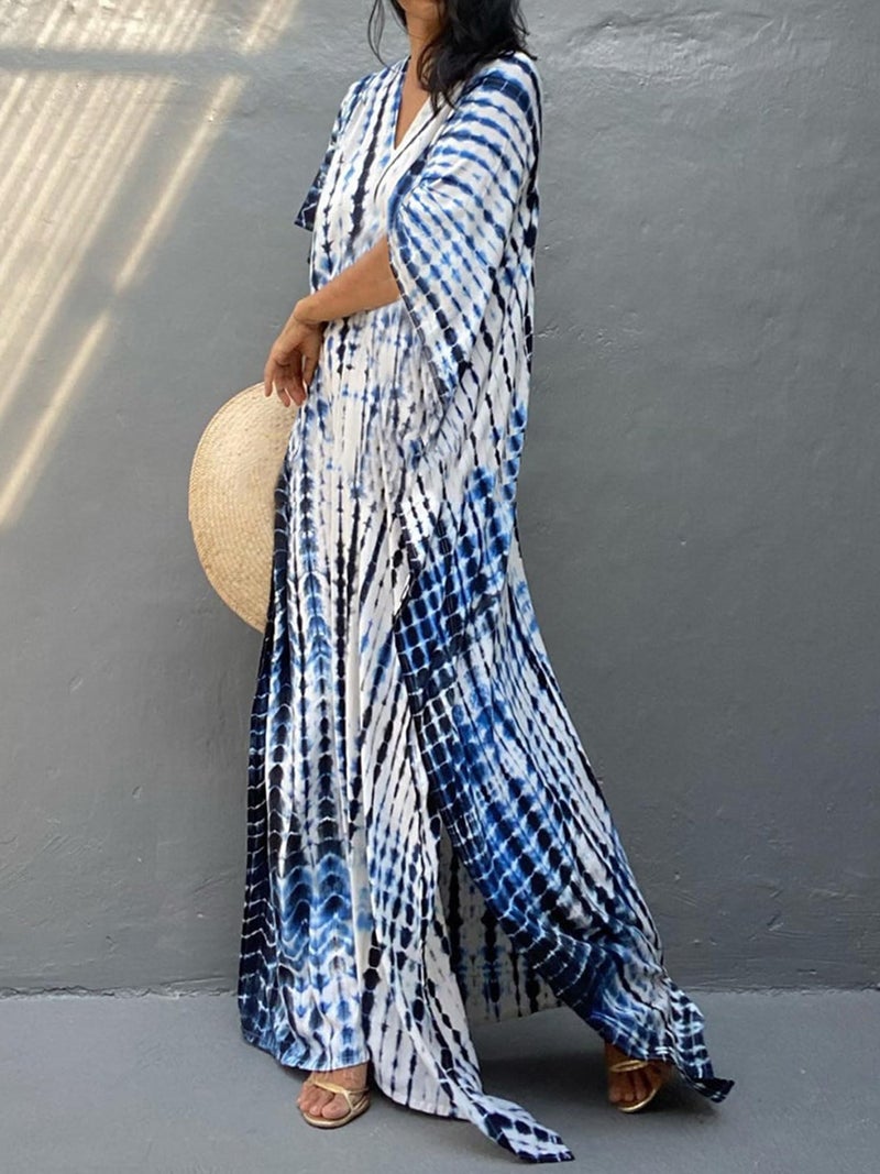 Moss Rose Women Summer Caftan Coverups Dress Kimono Beach Vacation Wear V Neck Print Maxi Boho Dress - Image 4