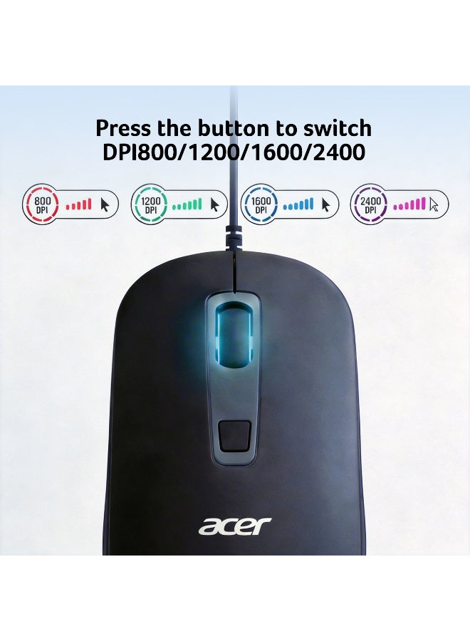 Acer Wired Optical Mouse - 1000 DPI, USB Plug & Play, Ambidextrous Ergonomic Design, 1.5m Cable, Reliable Navigation for Laptop & PC - Black black - Image 3