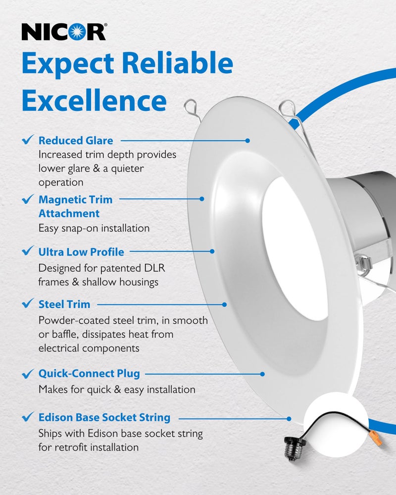 Nicor Recessed Ceiling Lights LED Downlight - Dimmable 5/6 inch LED Recessed Light Fixtures - Selectable CCT 2700K-5000K, 918 Lumens, 10.3W - DLR56 Retrofit Ceiling Light, White, 1-Pk by NICOR Lighting - Image 4