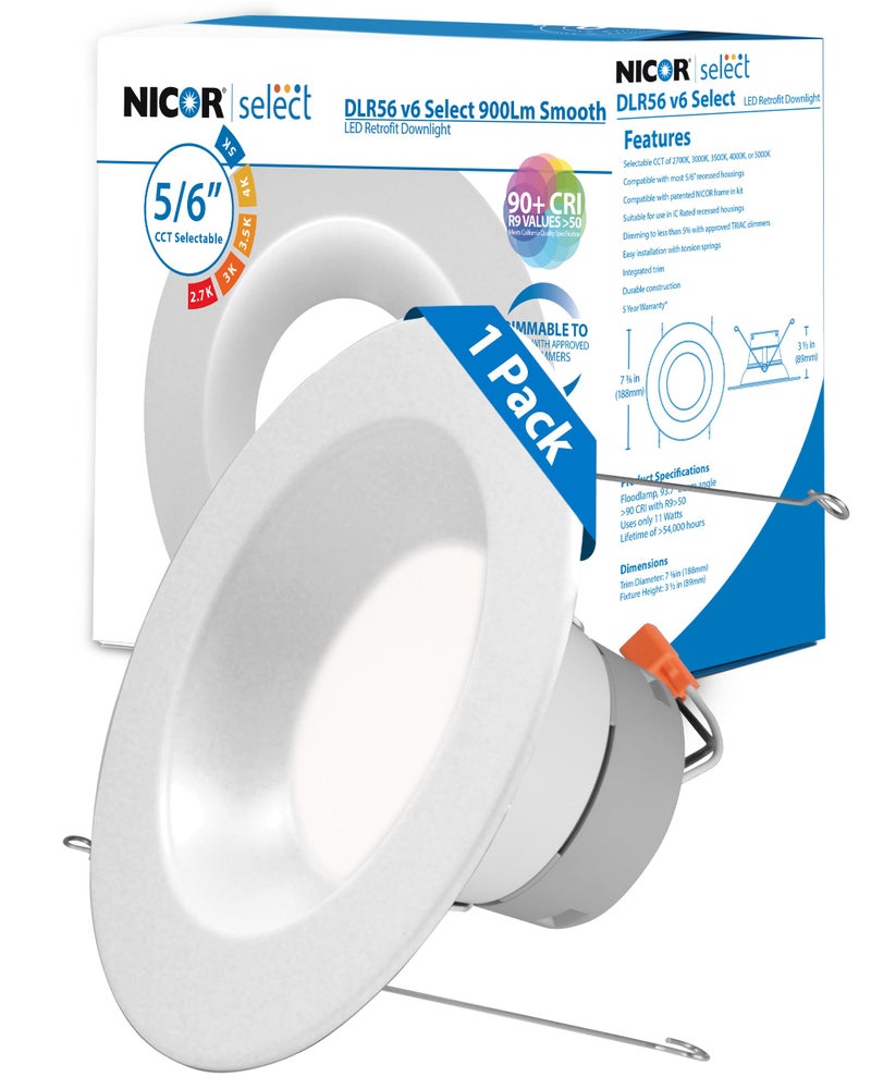 Nicor Recessed Ceiling Lights LED Downlight - Dimmable 5/6 inch LED Recessed Light Fixtures - Selectable CCT 2700K-5000K, 918 Lumens, 10.3W - DLR56 Retrofit Ceiling Light, White, 1-Pk by NICOR Lighting - Image 1